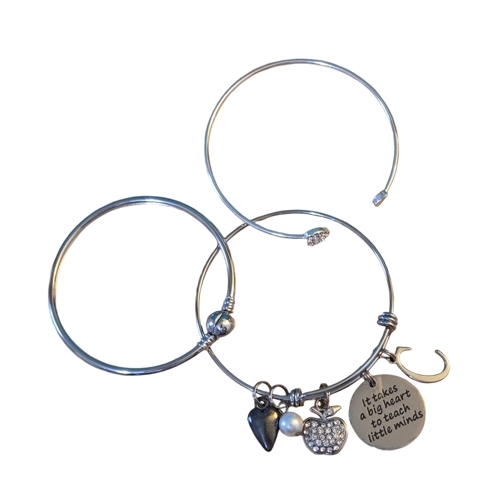 Pandora Style Bangle Bracelet Set Silvertone Rhinestones Hearts Teachers NWOT